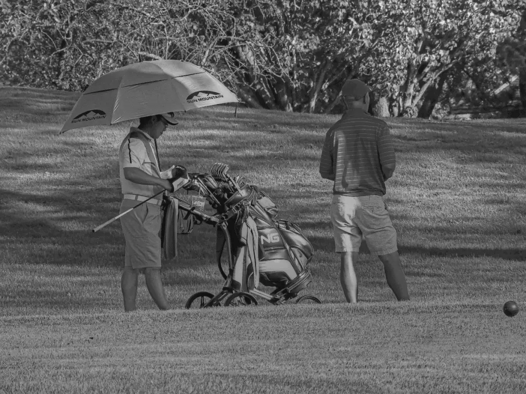 golfers with golf push carts in rain